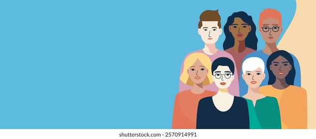 Gender Equality Day. Free people. Protests and activists. Vector banner with space for text. Women and men of different skin colors and nationalities stand together. Movements for gender equality, emp