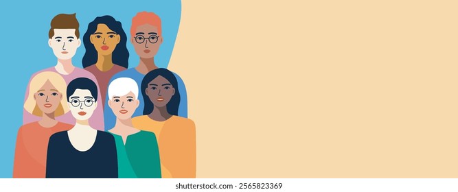 Gender Equality Day. Protests and activists. Vector banner with space for text. Free people. Women and men of different skin colors and nationalities stand together. Movements for gender equality, emp