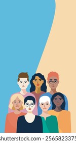 Gender Equality Day. Women and men of different skin colors and nationalities stand together. Movements for gender equality, empowerment and opportunities. Vector illustration with space for text