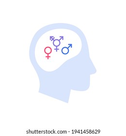 Concepto de igualdad de género y diversidad. Ilustración plana vectorial. Silueta de cabeza humana con símbolo macho, hembra y transgénero aislado en fondo blanco. Elemento de diseño