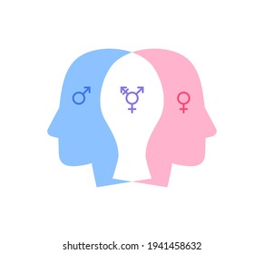 Concepto de igualdad de género y diversidad. Ilustración plana vectorial. Cabezas humanas azules y rosas con símbolo masculino, femenino y transgénero aisladas en fondo blanco. Elemento de diseño