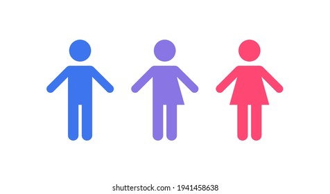 Gender equality and diversity concept. Vector flat illustration set. Blue man, pink woman and purple transgender human silhouette icon isolated on white background. Design element