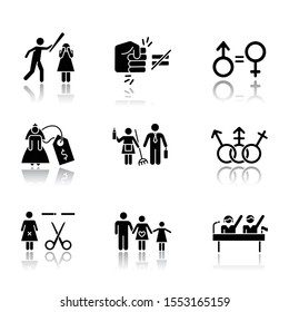 Gender Equality Drop Shadow Black Glyph Icons Set. Violance Against Woman. Gender Stereotypes. Bride Price. Forced Sterilization. Politic Rights. Female Abuse. Isolated Vector Illustrations