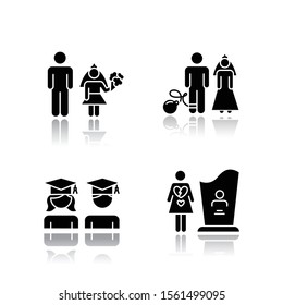 Gender equality drop shadow black glyph icons set. Child marriage. Education equality. Couple relationship. Forced marriage. College graduate. Maternal mortality. Isolated vector illustrations