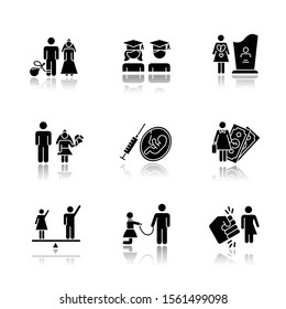 Gender equality drop shadow black glyph icons set. Forced marriage. Education equality. Maternity mortality. Child marriage. Female economic activity. Trans woman. Isolated vector illustrations