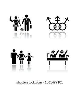 Gender Equality Drop Shadow Black Glyph Icons Set. Politic Rights. Transgender People, LGBTQ Community. Female, Male, Trans Sign. Gender Stereotypes. Family Planning. Isolated Vector Illustrations