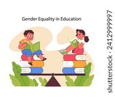 Gender equality in education concept. Boy and girl engrossed in reading while seated on a balanced stack of books, representing fair opportunities in academic pursuits. Flat vector illustration