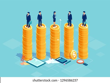 Gender Equality And Equal Opportunities In Corporate Business Concept. Vector With Businessmen And Businesswoman On Same Pile Of Money. 