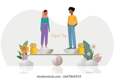 Igualdade de gênero e conceito de igualdade de remuneração, mostrando um homem de negócios e uma mulher de negócios de pé em uma escala equilibrada, simbolizando igualdade de salários e oportunidades dentro do local de trabalho