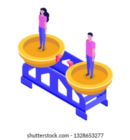 Gender equality, Equal pay and opportunity  isometric concept with man and woman on scale. Vector Illustration.