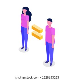 Gender equality, Equal pay and opportunity  isometric concept with man and woman. Vector Illustration.