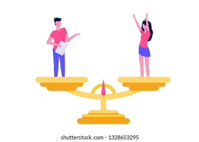 Gender equality, Equal pay and opportunity  isometric concept with man and woman on scale. Vector Illustration.