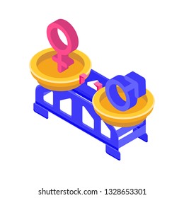Gender equality, Equal pay and opportunity  isometric concept with male and female sign on  scale. Vector Illustration.