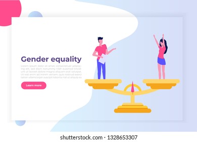 Gender equality, Equal pay and opportunity  isometric concept with man and woman on scale. Vector Illustration.