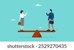 gender equality, Equal Rights of Men and Women, workplace fairness, fairness regarding the diversity of company employees, man and woman standing on a seesaw with equal balance