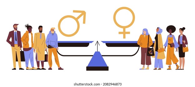 Geschlechtergleichstellung und Gleichberechtigung von Frauen und Männern - Konzept mit Menschen, die auf einer Waage stehen, flache Vektorgrafik einzeln auf weißem Hintergrund.