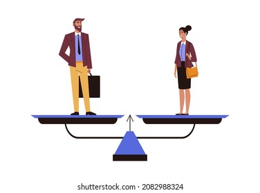 Gender equality and equal rights of men and women concept, flat cartoon vector illustration isolated on white background. Male and female characters standing on scale.