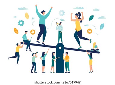 Gender Equality, Equal Treatment Male And Female In Society And Business. Balance On A Swing Man And Woman Equal Opportunities. Fair Opportunities For Different Genders. Vector Illustration