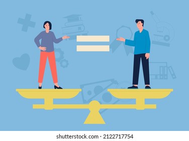 Igualdad de género. Equilibrio y equilibrio en las funciones empresariales entre el hombre y la mujer. Igualdad de oportunidades, hombres y mujeres a escala, escena vectorial reciente