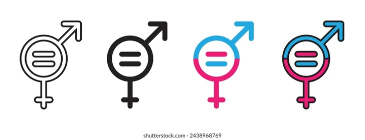 Gleichberechtigung der Geschlechter und Gleichberechtigung Icon Set. Unisex Opportunity und Fair Pay Symbol.