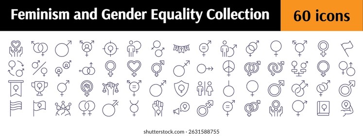Gender Equality and Feminism Bundle of Thin Icons. Bearbeitbarer Strich. Perfekt für Websites, Bücher, Karten, Apps