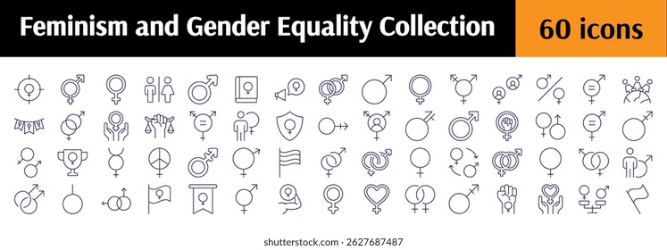 Igualdade de Gênero e Feminismo Conjunto de Ícones Magros. Traço editável. Perfeito para sites, livros, cartões, aplicativos