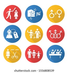 Gender Equality Flat Design Long Shadow Glyph Icons Set. Violance Against Woman. Gender Stereotypes. Bride Prize. Forced Sterilization. Politic Rights. Female Abuse. Vector Silhouette Illustration