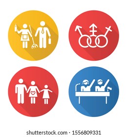 Gender Equality Flat Design Long Shadow Glyph Icons Set. Politic Rights. Transgender, LGBTQ Community. Female, Male, Trans Sign. Gender Stereotypes. Family Planning.Vector Silhouette Illustration