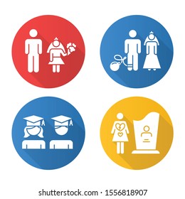 Gender equality flat design long shadow glyph icons set. Marriage. Education equality. Couple relationship. Forced marriage. College graduate. Maternal mortality. Vector silhouette illustration