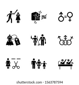 Gender Equality Glyph Icons Set. Violance Against Woman. Gender Stereotypes. Bride Price. Forced Sterilization. Politic Rights. Female Harassment. Silhouette Symbols. Vector Isolated Illustration