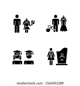 Gender equality glyph icons set. Child marriage. Education equality. Couple relationship. Forced marriage. College graduate. Maternal mortality. Silhouette symbols. Vector isolated illustration