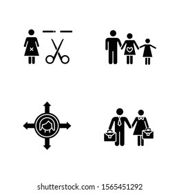 Gender Equality Glyph Icons Set. Forced Sterilization. Woman's Freedom Of Movement. Equal Employment Rights For Woman And Man. Family Planning. Silhouette Symbols. Vector Isolated Illustration