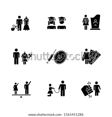 Gender equality glyph icons set. Forced marriage. Education equality. Maternity mortality. Female economic activity. Violance against trans woman. Silhouette symbols. Vector isolated illustration