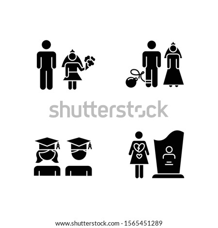 Gender equality glyph icons set. Child marriage. Education equality. Couple relationship. Forced marriage. College graduate. Maternal mortality. Silhouette symbols. Vector isolated illustration