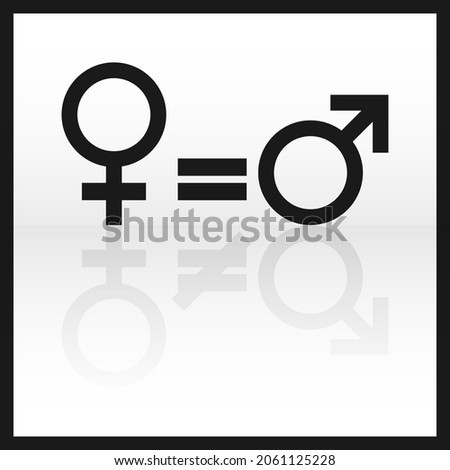 Gender equality icon. Abstract black male-female symbol, with an equal sign between and shadow reflection, not an equal sign between on white background. Rights gender equality. Vector illustration.