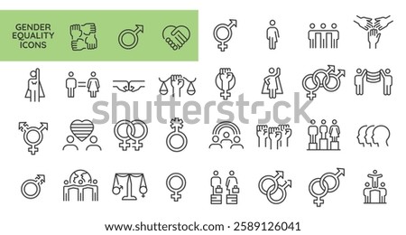 Gender equality icons. Set of 31 Equality trendy minimal icons representing diverse social issues, including gender equality, accessibility. Design signs for web page, mobile app. Vector illustration