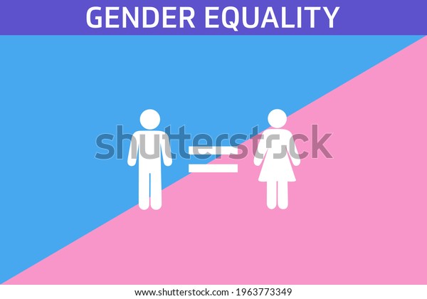 男女平等イラストベクター画像フラットバナー 男 女 そしてピンクと青の色を持つ等しい記号 男女の争い 機会の平等 そして公平な考え方 のベクター画像素材 ロイヤリティフリー