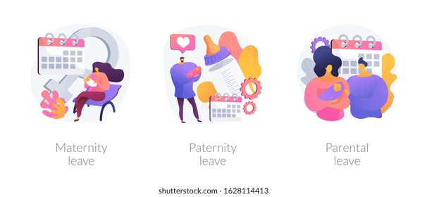 Gender equality issues in child upbringing. Trendy tendencies in infant kids care sharing. Maternity leave, paternity leave, parental leave metaphors. Vector isolated concept metaphor illustrations.