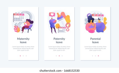 Gender equality issues in child upbringing. Trendy tendencies in infant kids care sharing. Maternity leave, paternity leave, parental leave metaphors. Mobile app UI interface wireframe template.