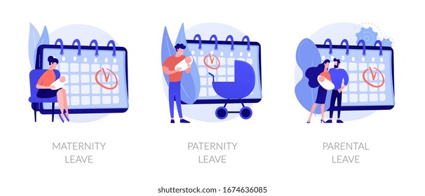 Gender equality issues in child upbringing. Trendy tendencies in infant kids care sharing. Maternity leave, paternity leave, parental leave metaphors. Vector isolated concept metaphor illustrations.