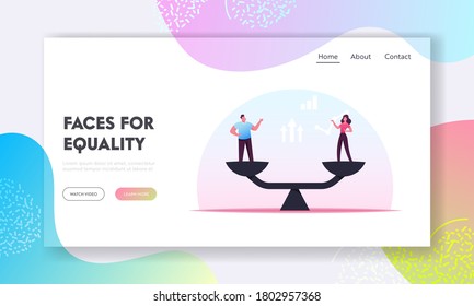 Gender Equality Landing Page Template. Businessman and Businesswoman Characters on Scales on the Same Height. Symbol of Equal Pay, Salary, Justice and Emancipation. Cartoon People Vector Illustration
