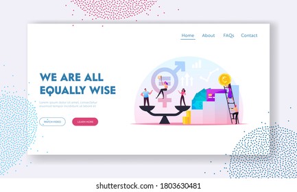 Gender Equality Landing Page Template. Business Worker Characters on Scales on the Same Height. Symbol of Equal Pay, Salary, Fairness Justice and Emancipation. Cartoon People Vector Illustration