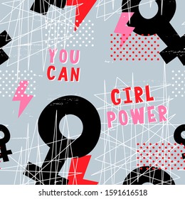 Gender equality lettering seamless pattern with  papercut style woman mirror and power symbols. Abstract repeat design with lightning and feminine vector graphic. 