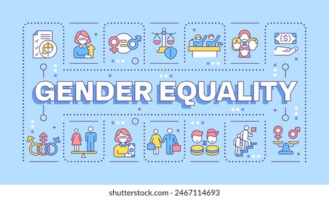 Gender equality light blue word concept. Workplace diversity. Equal opportunities and rights. Typography banner. Vector illustration with title text, editable icons color