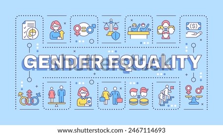Gender equality light blue word concept. Workplace diversity. Equal opportunities and rights. Typography banner. Vector illustration with title text, editable icons color