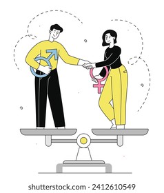Concepto lineal de igualdad de género. Hombre y mujer a escalas estrechando las manos. Detengan la discriminación sexual. Trabajadores con igualdad de oportunidades. Ilustración del vector plano Doodle aislada en fondo blanco