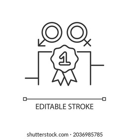 Gender equality linear icon. Enjoy equal rewards. Gender parity. Gender-balanced participation. Thin line customizable illustration. Contour symbol. Vector isolated outline drawing. Editable stroke
