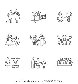 Gender equality linear icons set. Violance against woman. Gender stereotypes. Forced sterilization. Politic rights. Thin line contour symbols. Isolated vector outline illustrations. Editable stroke