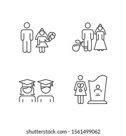 Gender equality linear icons set. Child marriage. Education equality. Forced marriage. Maternal mortality. Thin line contour symbols. Isolated vector outline illustrations. Editable stroke