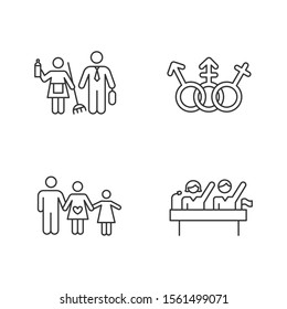 Gender Equality Linear Icons Set. Politic Rights. LGBTQ Community Sign. Gender Stereotypes. Family Planning. Thin Line Contour Symbols. Isolated Vector Outline Illustrations. Editable Stroke